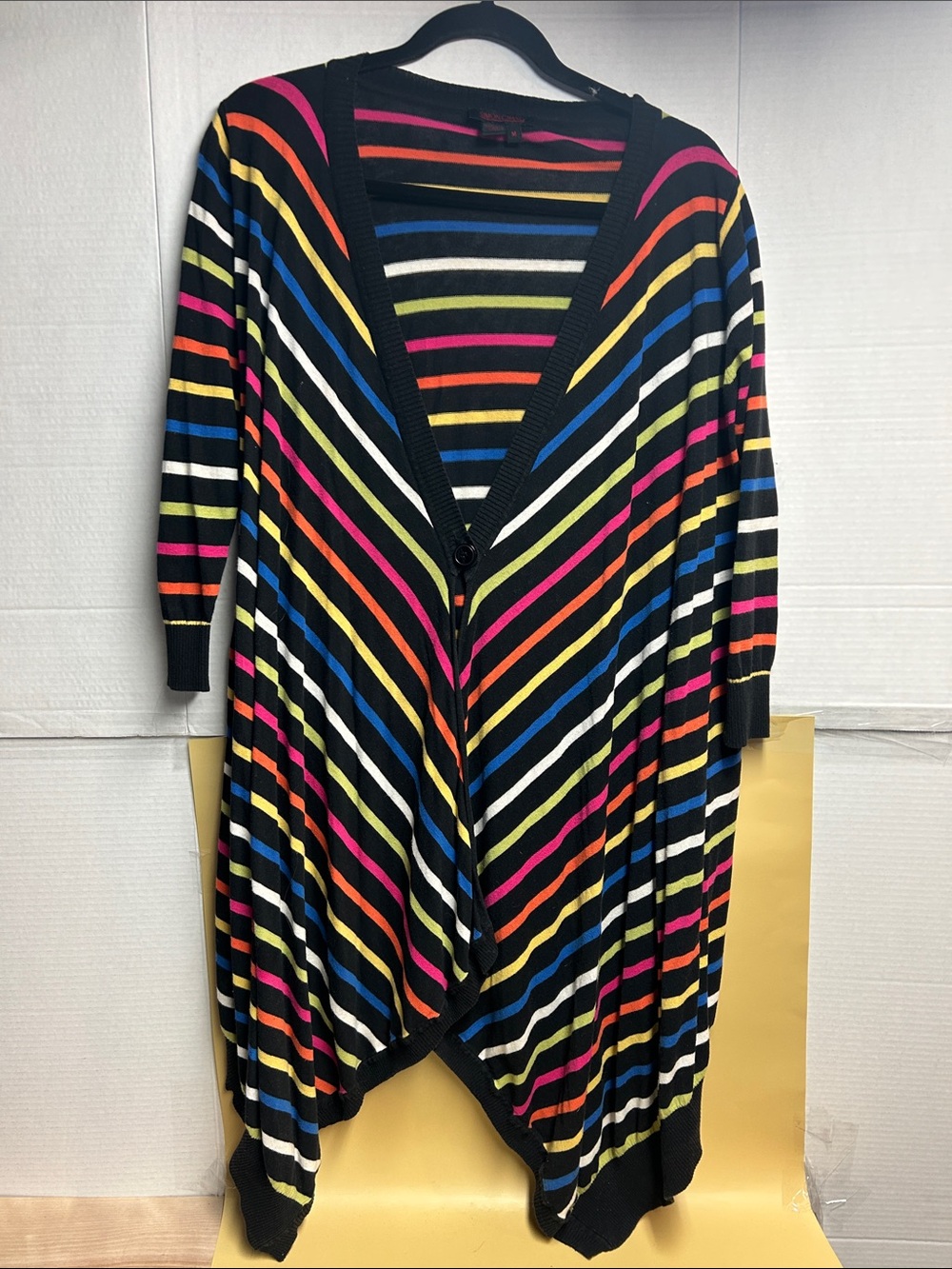 Simon Chang Black Multi-StripeAsymmetrical Cardigan Dress 3/4 sleeve size medium